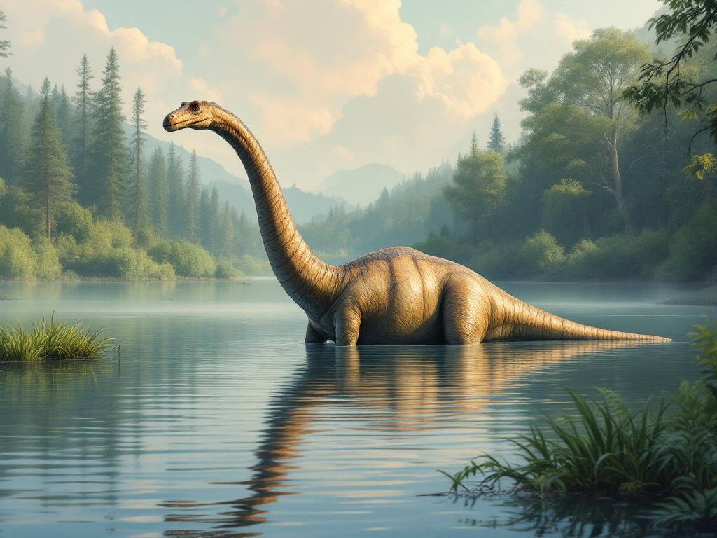 Brontosaurus soaking in a lake